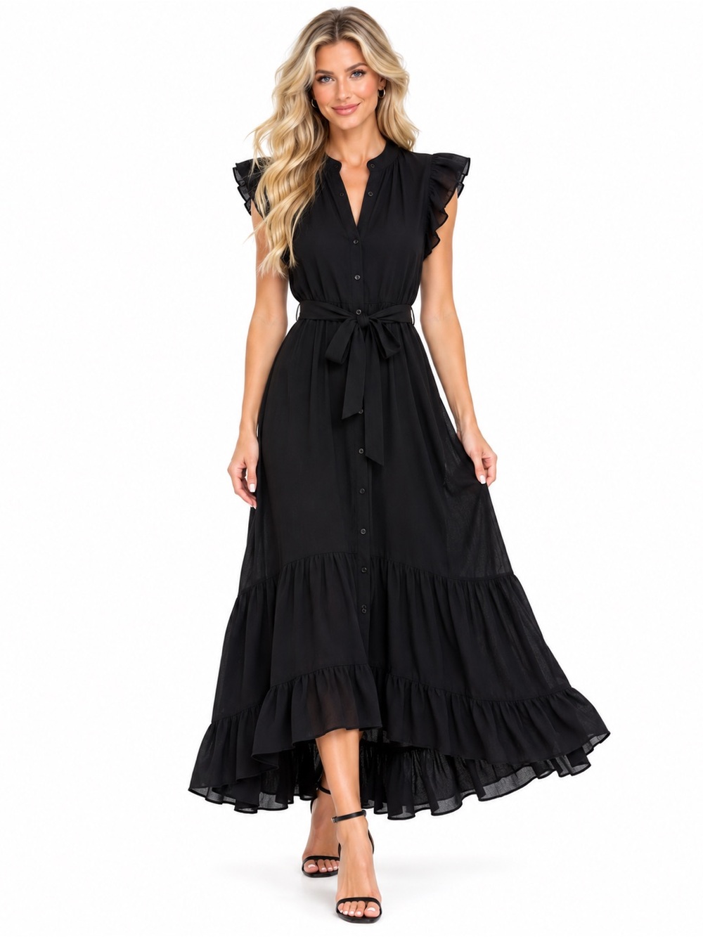 lovestitch Black Ruffled Tiered Button-Front Maxi Dress with Tie Waist
